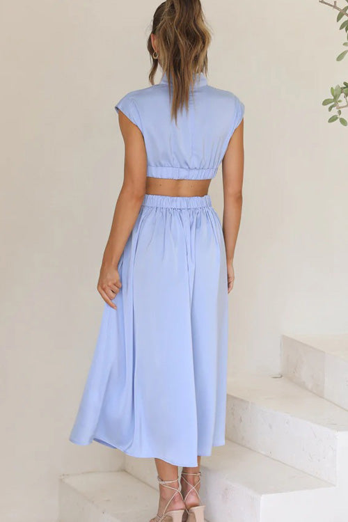 Rowangirl Chic Solid Stand Collar Sleeveless Slim Long Dress