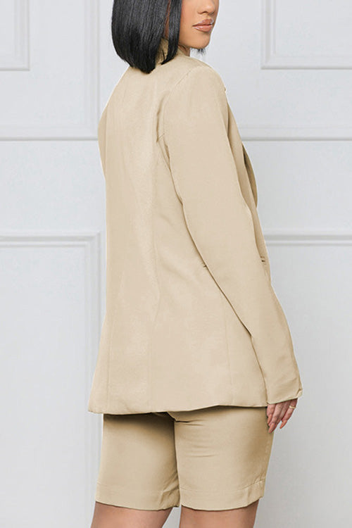 Rowangirl Fashion Chic Solid Long Sleeve Pockets Coat+Slim Shorts Two-piece