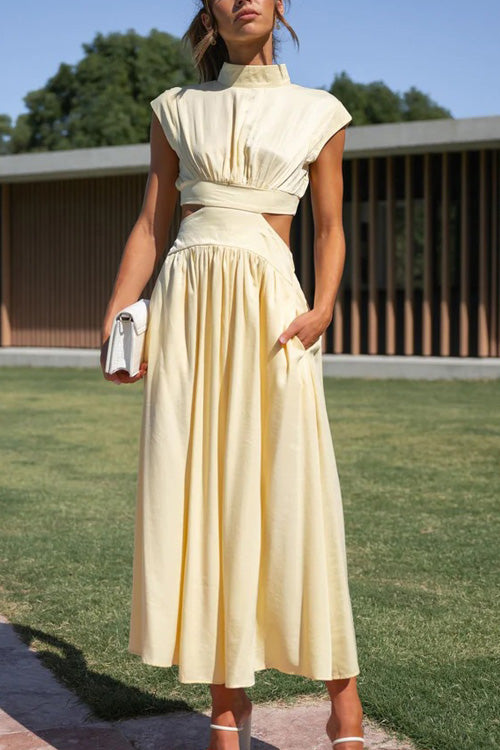 Rowangirl Chic Solid Stand Collar Sleeveless Slim Long Dress