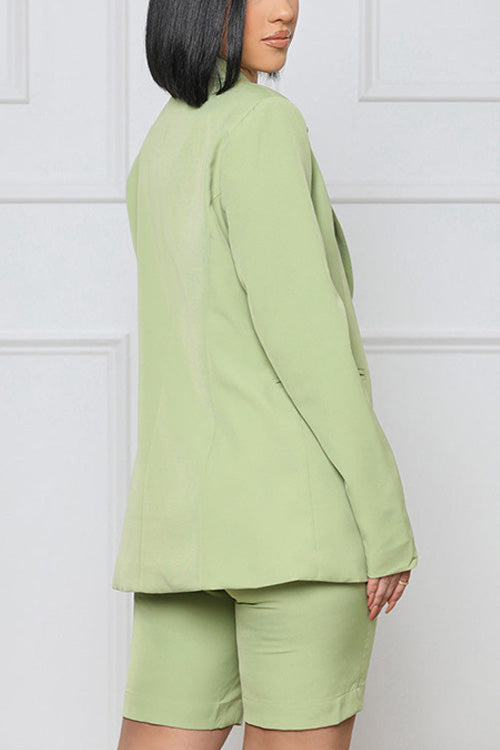 Rowangirl Fashion Chic Solid Long Sleeve Pockets Coat+Slim Shorts Two-piece