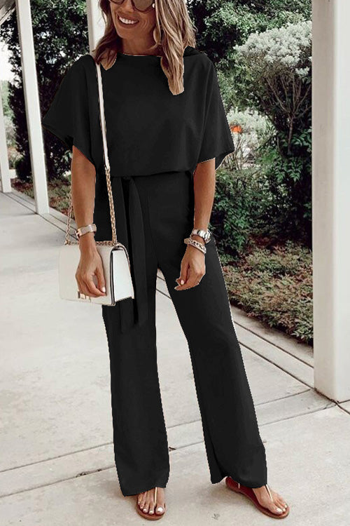 Rowangirl Casual Solid Loose Short Sleeve Lace Up Jumpsuit