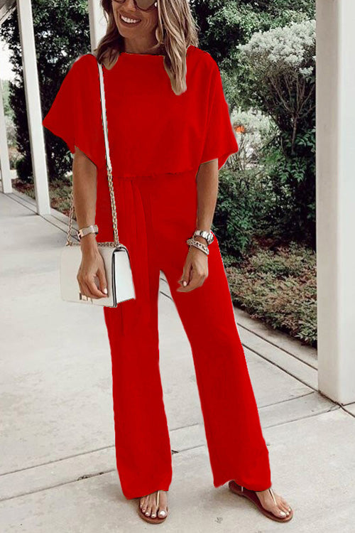 Rowangirl Casual Solid Loose Short Sleeve Lace Up Jumpsuit