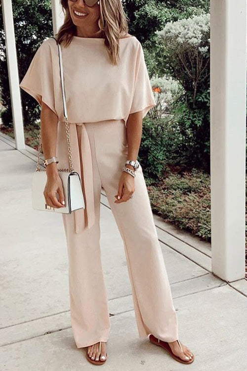 Rowangirl Casual Solid Loose Short Sleeve Lace Up Jumpsuit