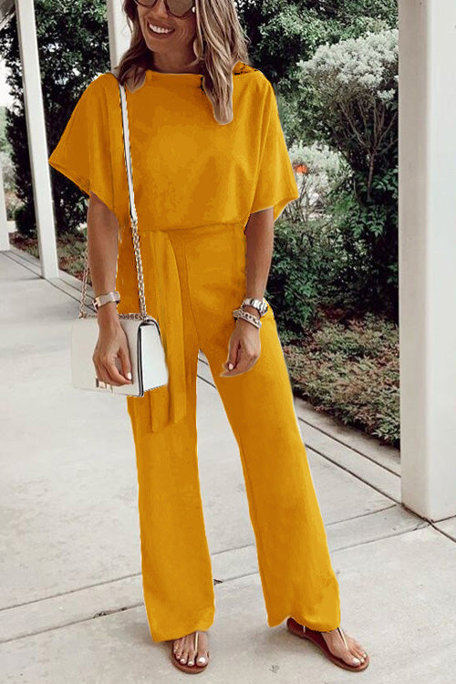 Rowangirl Casual Solid Loose Short Sleeve Lace Up Jumpsuit