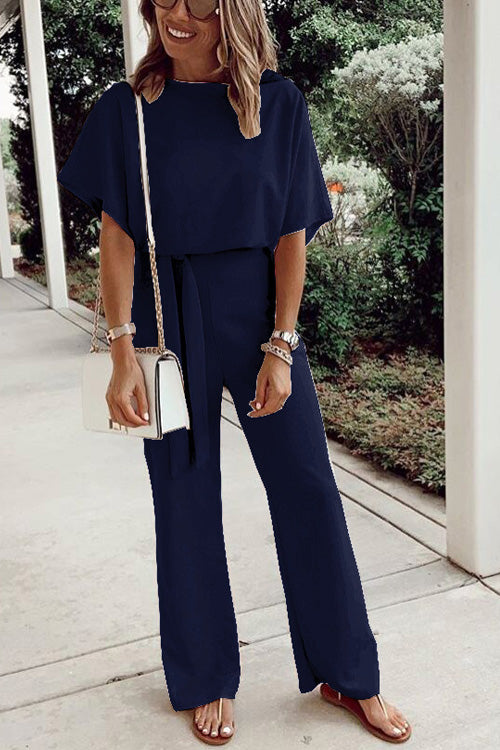 Rowangirl Casual Solid Loose Short Sleeve Lace Up Jumpsuit
