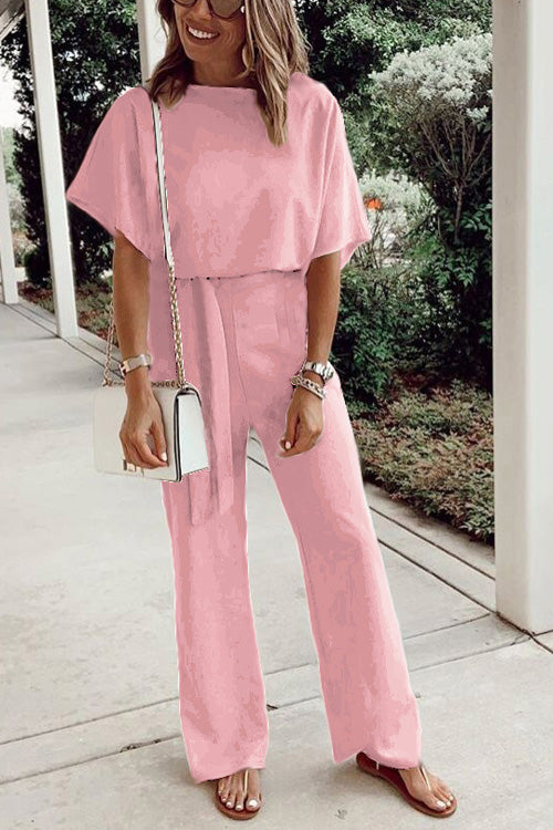 Rowangirl Casual Solid Loose Short Sleeve Lace Up Jumpsuit