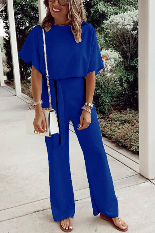 Rowangirl Casual Solid Loose Short Sleeve Lace Up Jumpsuit