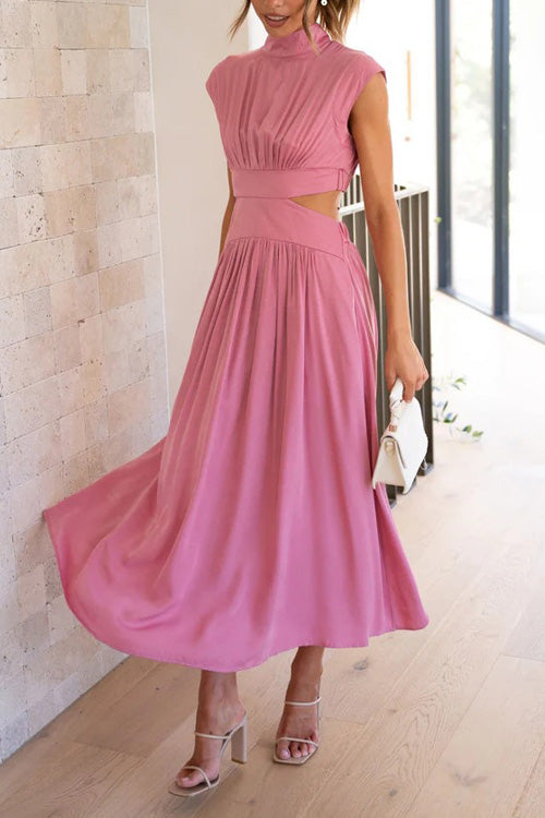 Rowangirl Chic Solid Stand Collar Sleeveless Slim Long Dress