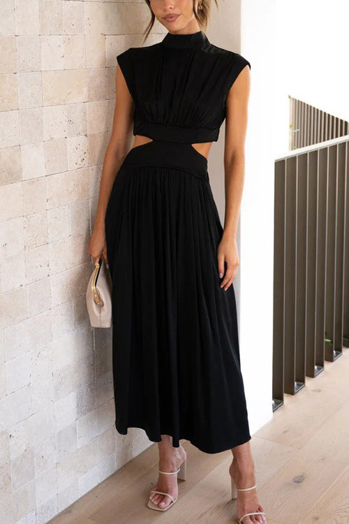 Rowangirl Chic Solid Stand Collar Sleeveless Slim Long Dress
