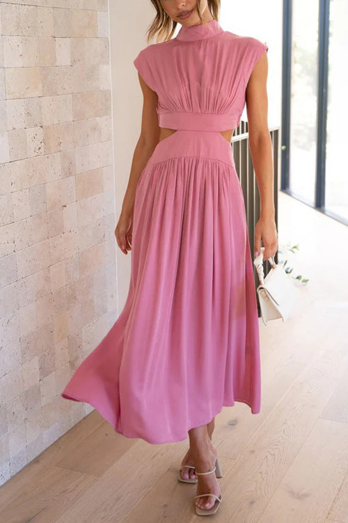 Rowangirl Chic Solid Stand Collar Sleeveless Slim Long Dress