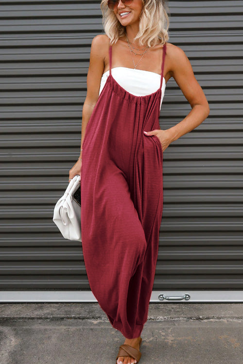 Rowangirl Fashion Casual Loose Solid Sling Sleeveless Wide Leg Jumpsuit