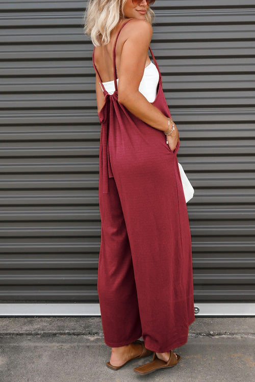 Rowangirl Fashion Casual Loose Solid Sling Sleeveless Wide Leg Jumpsuit