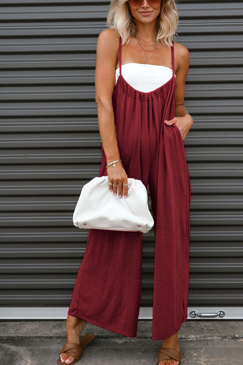 Rowangirl Fashion Casual Loose Solid Sling Sleeveless Wide Leg Jumpsuit