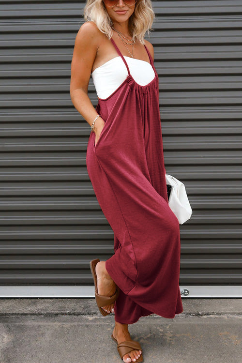 Rowangirl Fashion Casual Loose Solid Sling Sleeveless Wide Leg Jumpsuit