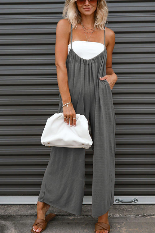 Rowangirl Fashion Casual Loose Solid Sling Sleeveless Wide Leg Jumpsuit