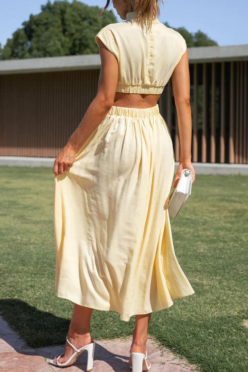 Rowangirl Chic Solid Stand Collar Sleeveless Slim Long Dress