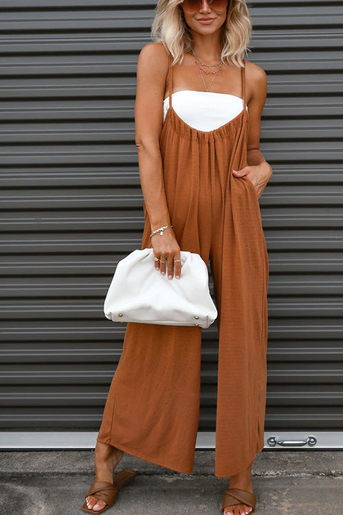 Rowangirl Fashion Casual Loose Solid Sling Sleeveless Wide Leg Jumpsuit