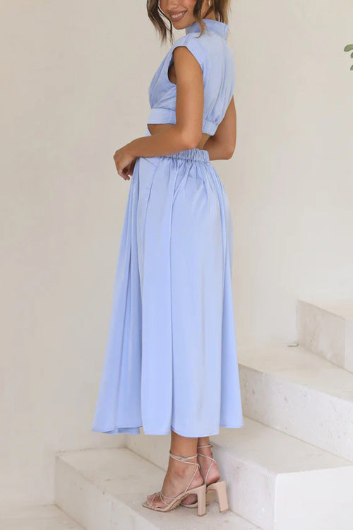 Rowangirl Chic Solid Stand Collar Sleeveless Slim Long Dress