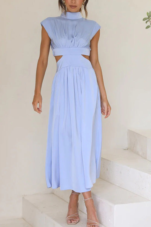 Rowangirl Chic Solid Stand Collar Sleeveless Slim Long Dress