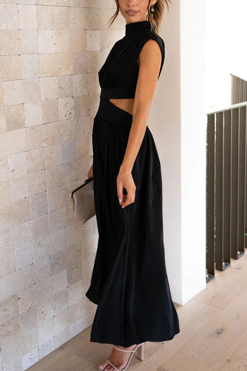 Rowangirl Chic Solid Stand Collar Sleeveless Slim Long Dress