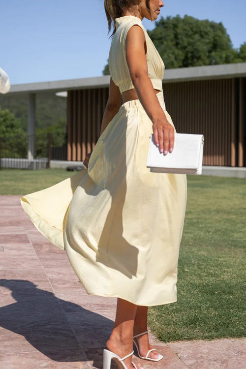 Rowangirl Chic Solid Stand Collar Sleeveless Slim Long Dress