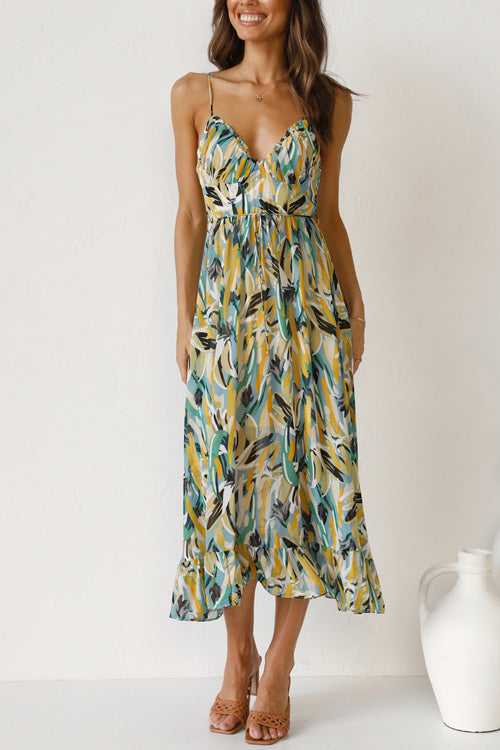 Rowangirl Chic Printed Sling V Neck Sleeveless Long Dress