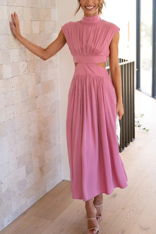 Rowangirl Chic Solid Stand Collar Sleeveless Slim Long Dress