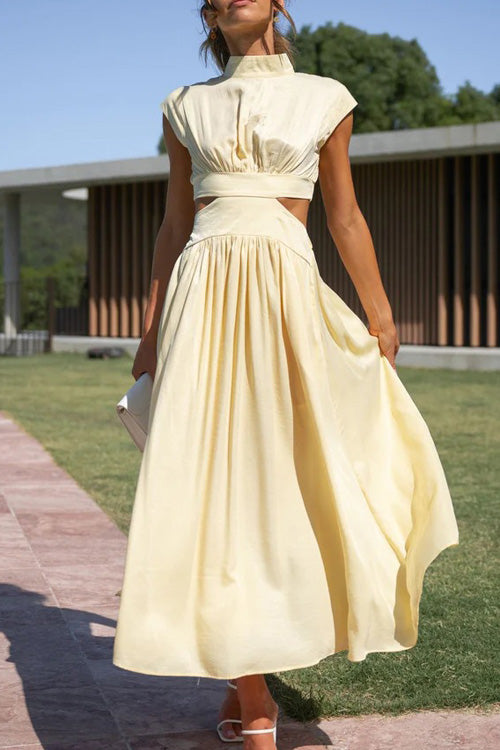 Rowangirl Chic Solid Stand Collar Sleeveless Slim Long Dress