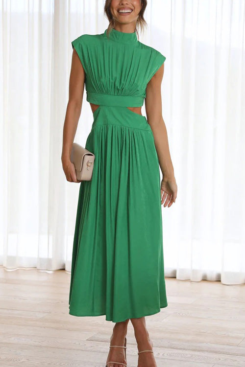 Rowangirl Chic Solid Stand Collar Sleeveless Slim Long Dress