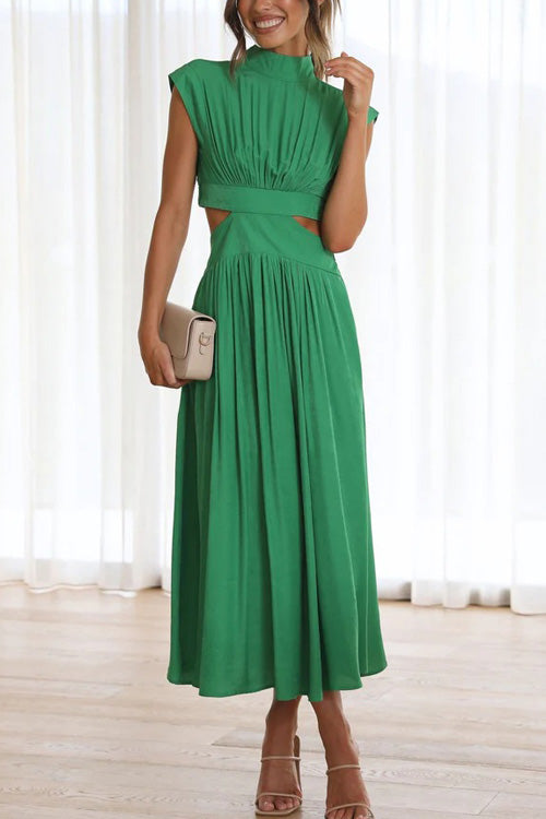 Rowangirl Chic Solid Stand Collar Sleeveless Slim Long Dress