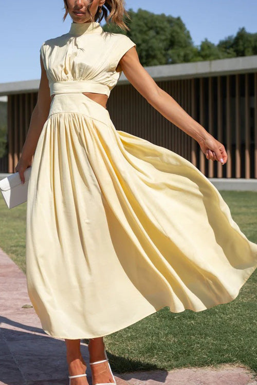 Rowangirl Chic Solid Stand Collar Sleeveless Slim Long Dress