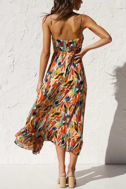 Rowangirl Chic Printed Sling V Neck Sleeveless Long Dress