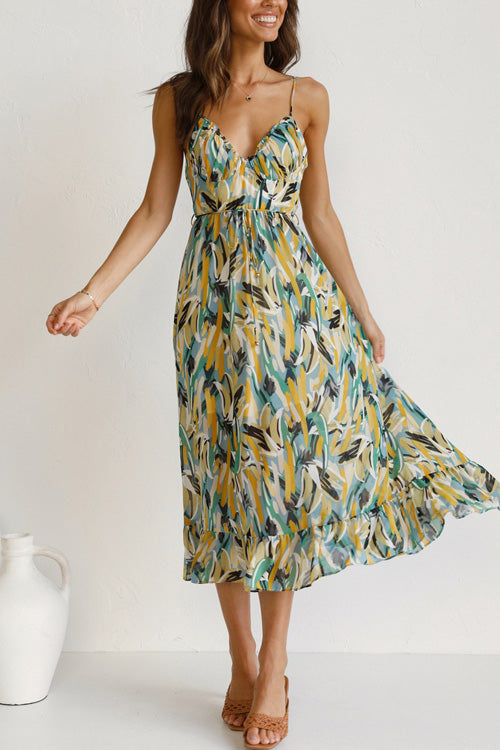 Rowangirl Chic Printed Sling V Neck Sleeveless Long Dress