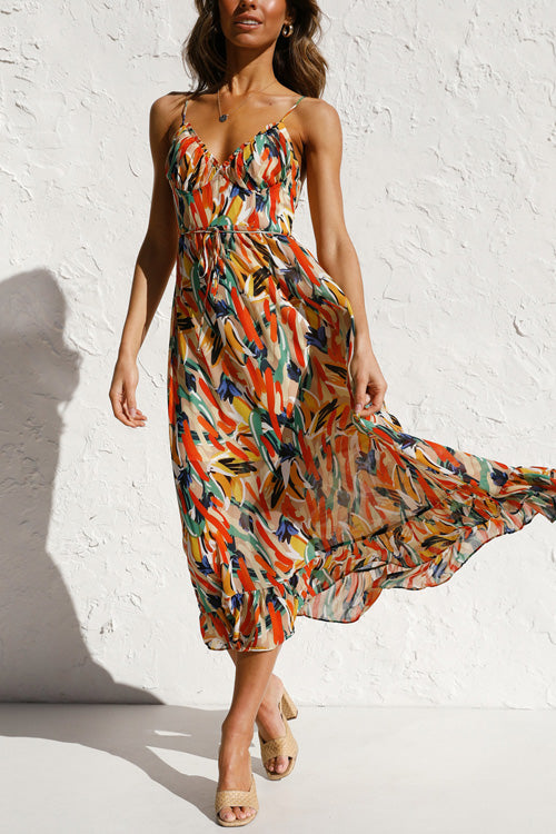 Rowangirl Chic Printed Sling V Neck Sleeveless Long Dress