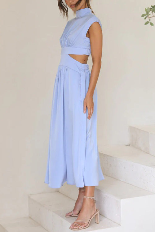 Rowangirl Chic Solid Stand Collar Sleeveless Slim Long Dress