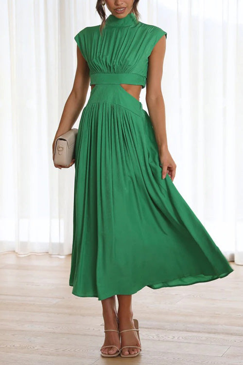 Rowangirl Chic Solid Stand Collar Sleeveless Slim Long Dress