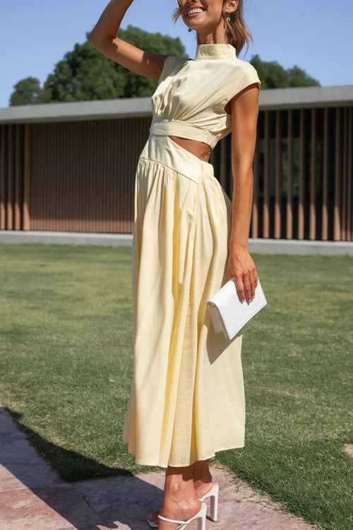 Rowangirl Chic Solid Stand Collar Sleeveless Slim Long Dress
