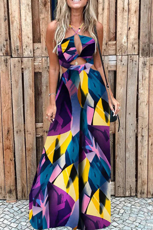 Rowangirl Fashion Printed Off Shoulder Sleeveless Long Jumpsuit