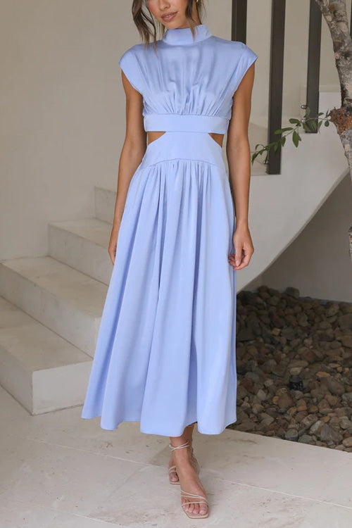 Rowangirl Chic Solid Stand Collar Sleeveless Slim Long Dress