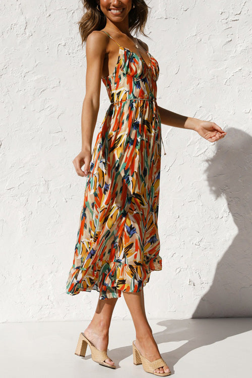 Rowangirl Chic Printed Sling V Neck Sleeveless Long Dress