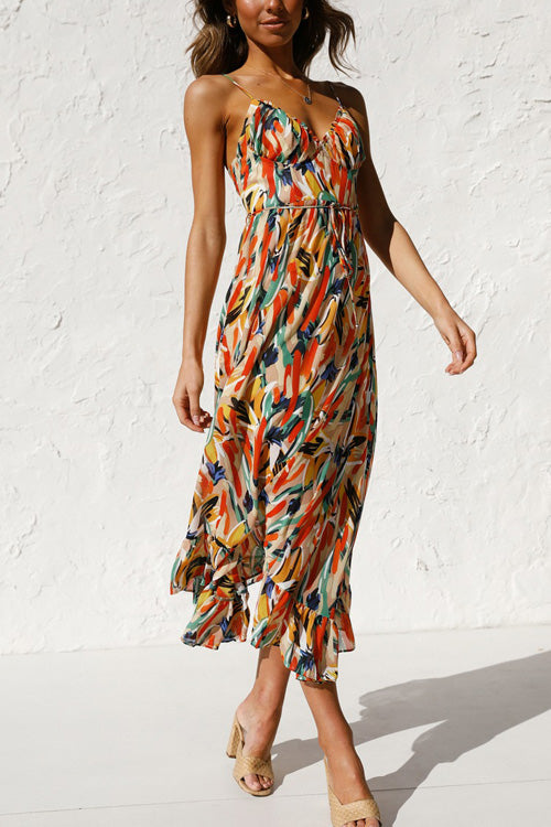 Rowangirl Chic Printed Sling V Neck Sleeveless Long Dress