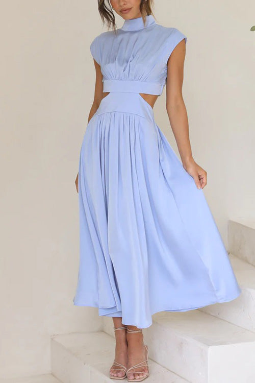 Rowangirl Chic Solid Stand Collar Sleeveless Slim Long Dress