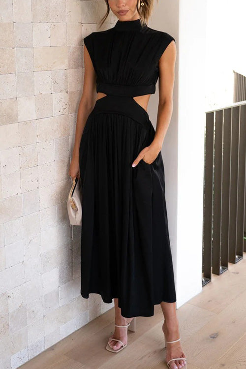 Rowangirl Chic Solid Stand Collar Sleeveless Slim Long Dress