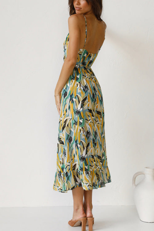 Rowangirl Chic Printed Sling V Neck Sleeveless Long Dress