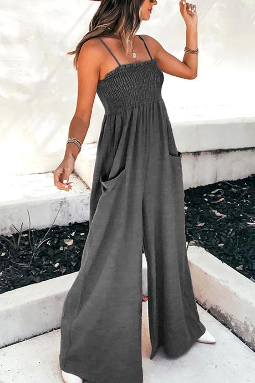 Rowangirl Fashion Pocket Wide Leg High Waist Vacation Casual Strap Jumpsuit