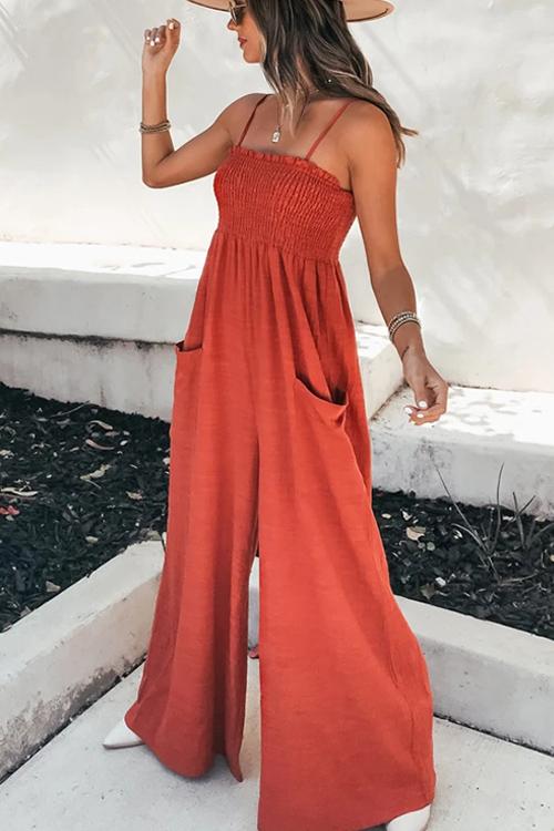 Rowangirl Fashion Pocket Wide Leg High Waist Vacation Casual Strap Jumpsuit
