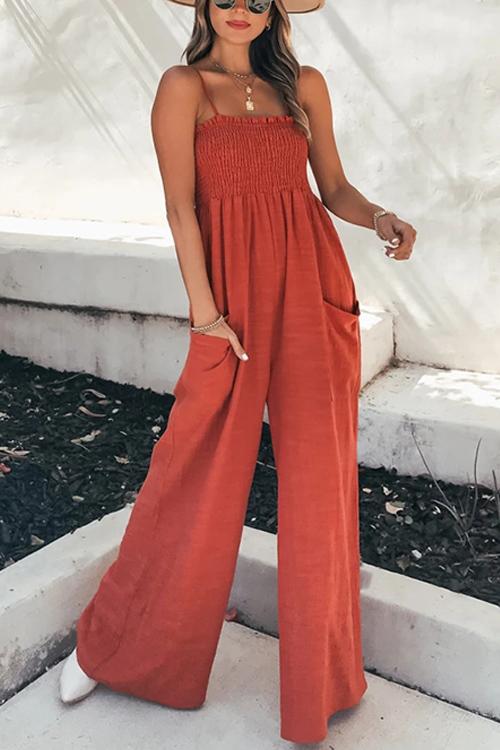 Rowangirl Fashion Pocket Wide Leg High Waist Vacation Casual Strap Jumpsuit