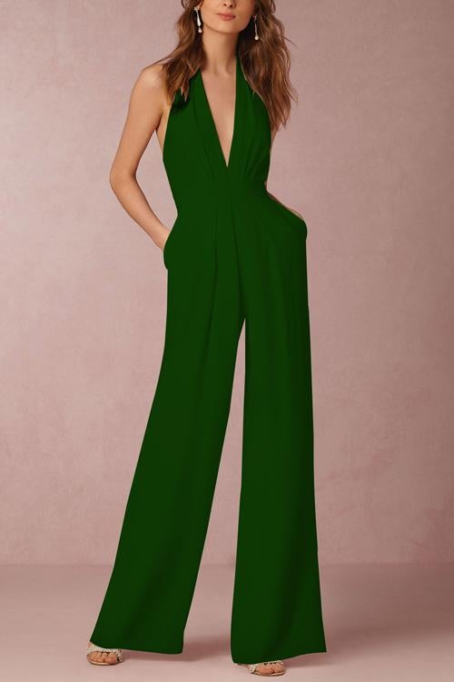 Rowangirl Deep V Neck Pocket Wide Leg Casual Loose Jumpsuit