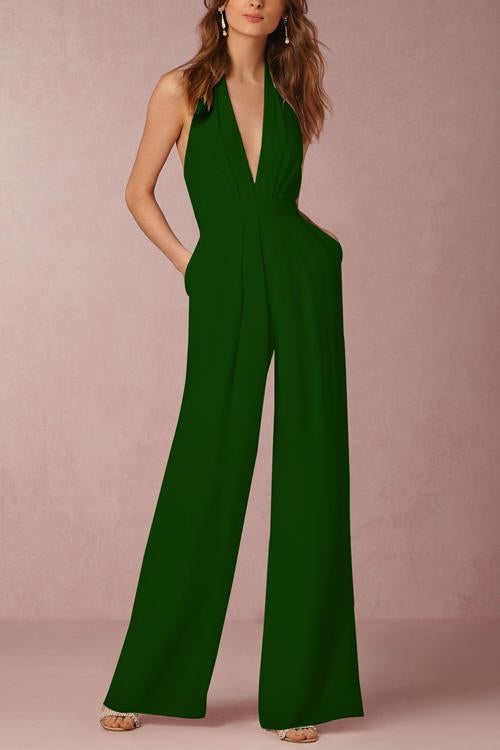 Rowangirl Deep V Neck Pocket Wide Leg Casual Loose Jumpsuit
