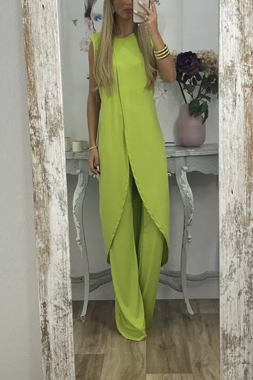 Rowangirl Casual Sleeveless Loose Round Neck Trousers Two-Piece Set